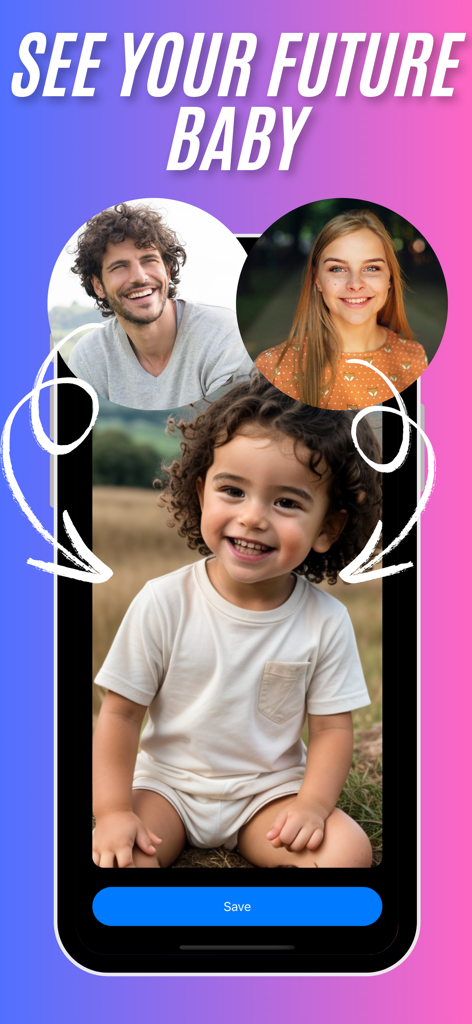 AI Future Baby Generator - Pro - Tela do aplicativo AI Future Baby Generator mostrando um filho previsto com base nas fotos de dois pais.