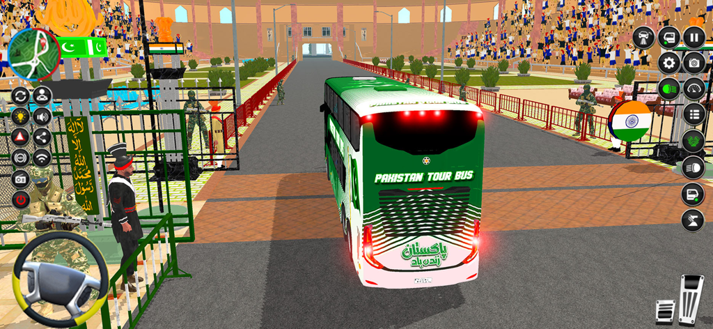 A Pakistan tour bus parked at the Wagah border crossing in a driving simulation game