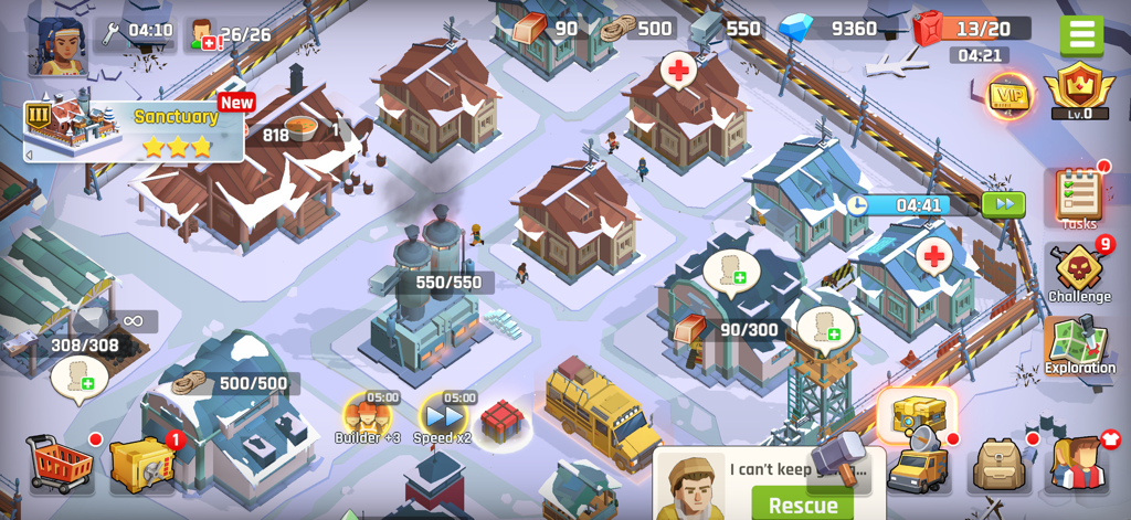Isometric gameplay view of a snowy survivor settlement in City of Survivors showing buildings and resource icons.