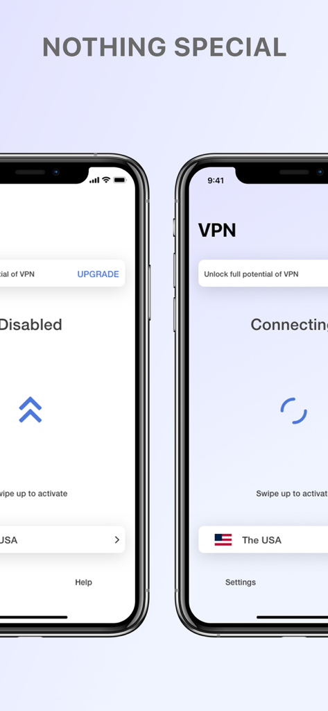 IPsec VPN - Two iPhone screens displaying the simple swipe-to-activate interface of the IPsec VPN app with a connection to a USA server.