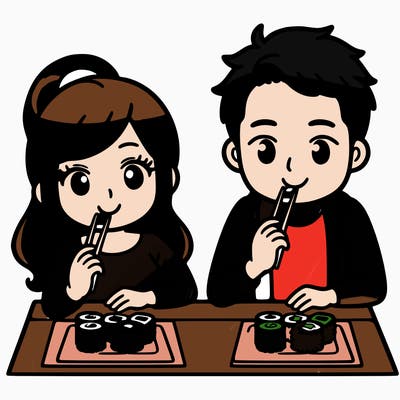 man and woman eating sushi