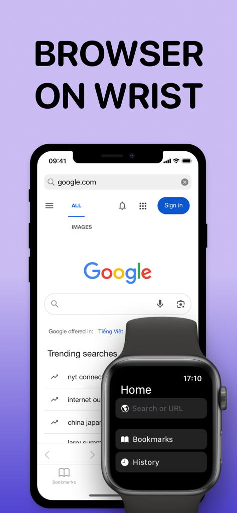 Interfaccia dell'app Watch Browser visualizzata su un iPhone e un Apple Watch