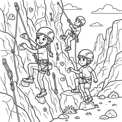 Let your children's creativity soar with this exciting rock climbing coloring page designed just for kids. Watch as they bring a team of adventurous young climbers to life with vibrant colors.