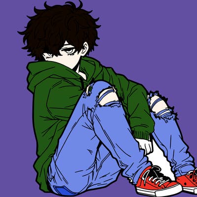 a male hoddie ripped jeans messy hair anime