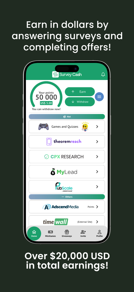 Survey Cash app home screen showing earnings dashboard and available survey offer walls