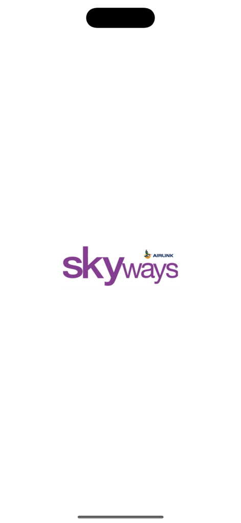 Skyways - Skyways app splash screen featuring the purple logo and Airlink branding on a white background.