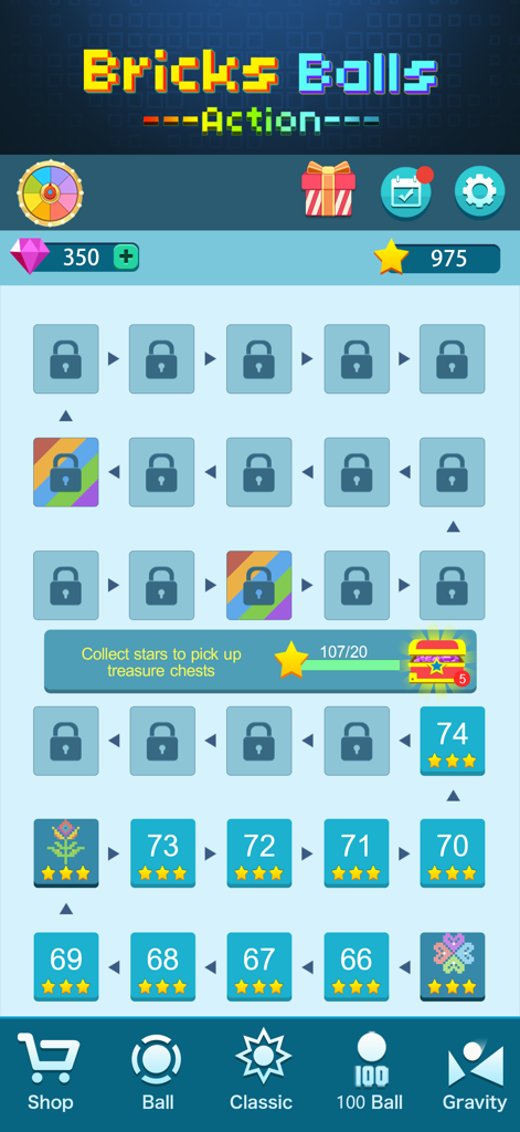 Bricks and Balls : Brick Game - Level selection menu for Bricks and Balls game showing completed levels with stars and locked levels on a path