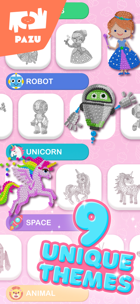 Una pantalla de menú de la aplicación Colorear por Número para niños que muestra varios temas como robots, unicornios y espacio