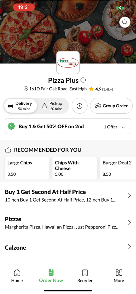 Pizza Plus. - Mobile app screen for Pizza Plus showing food categories and delivery options