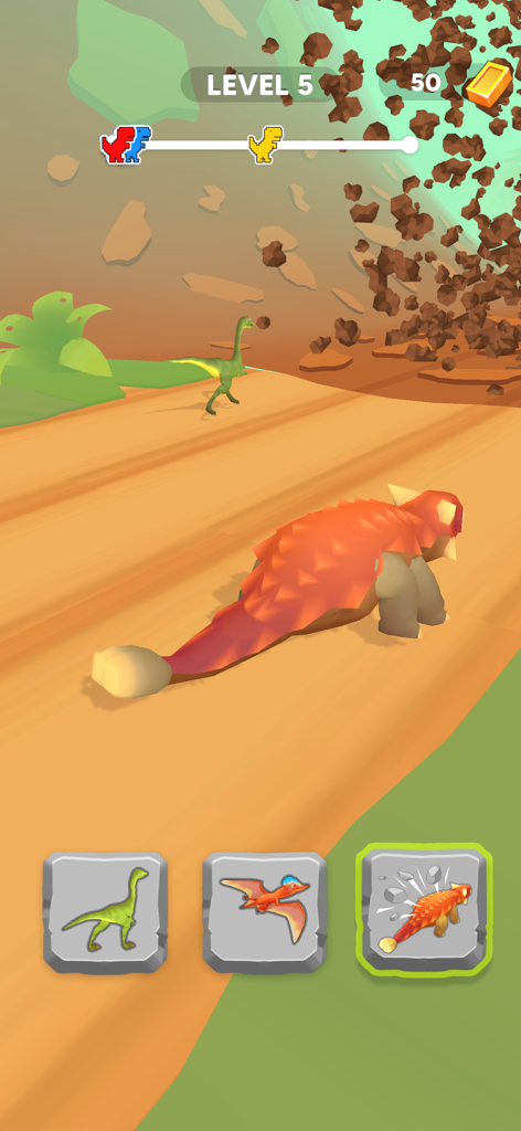 Dino Race: Dinosaur Games - Captura de pantalla del juego de Dino Race mostrando un dinosaurio acorazado en una pista de carreras con íconos de transformación de personajes en la parte inferior.