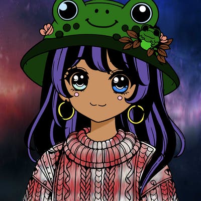 realistic girl wearing frog sweater and a frog hat with frog earrings