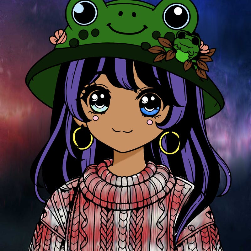 realistic girl wearing frog sweater and a frog hat with frog earrings