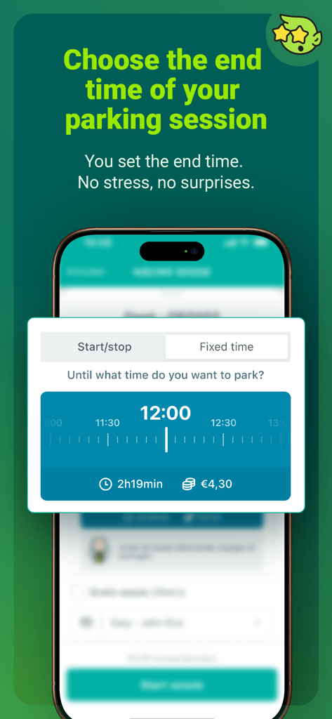 Seleccionando una hora de finalización fija para una sesión de estacionamiento en la aplicación de movilidad 4411