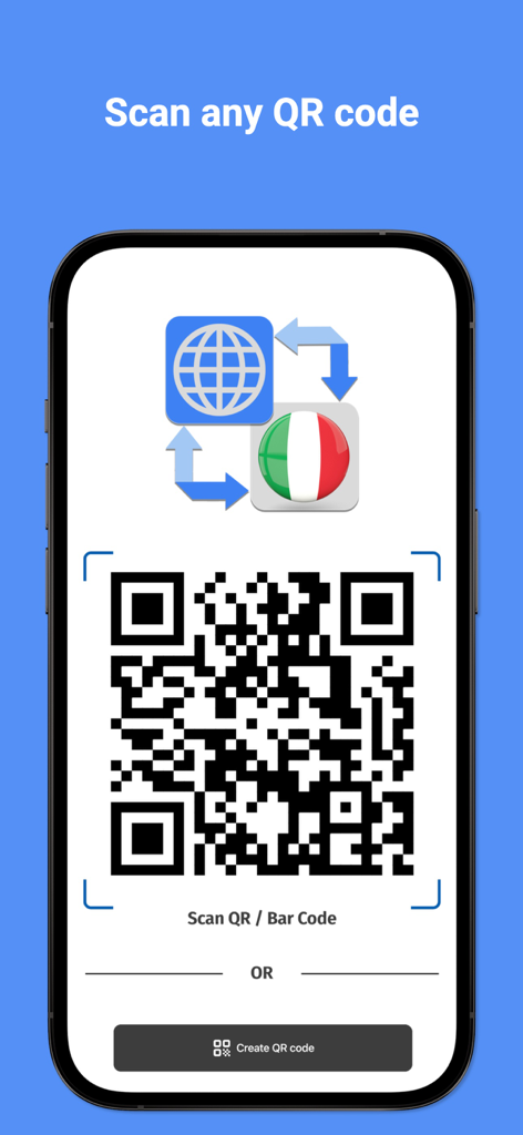 Pantalla del smartphone que muestra la interfaz del escáner de códigos QR y de barras dentro de la aplicación Italian Translator Pro
