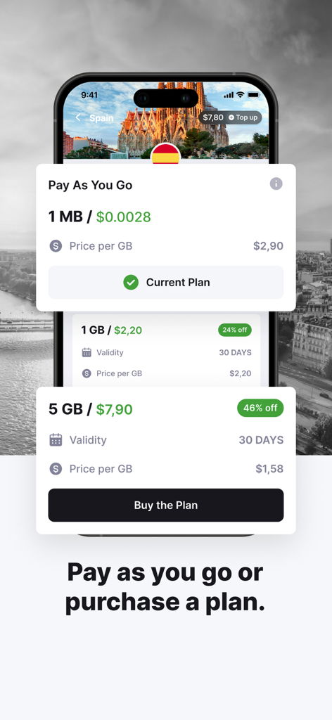 eSIM io: Global SIM Card - Interfaccia dell'app eSIM io che mostra opzioni dati pay as you go e piani dati internazionali fissi