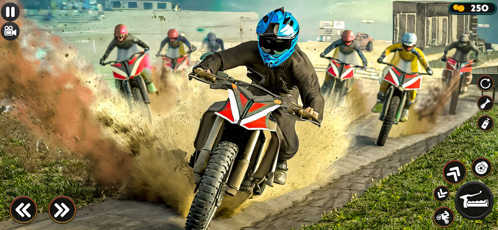Multiple riders racing dirt bikes on a muddy motocross track in a mobile game.