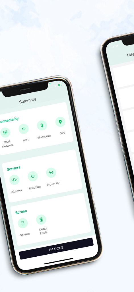 InstaCash Exchange app screen showing a summary of smartphone diagnostic tests for connectivity sensors and screen health