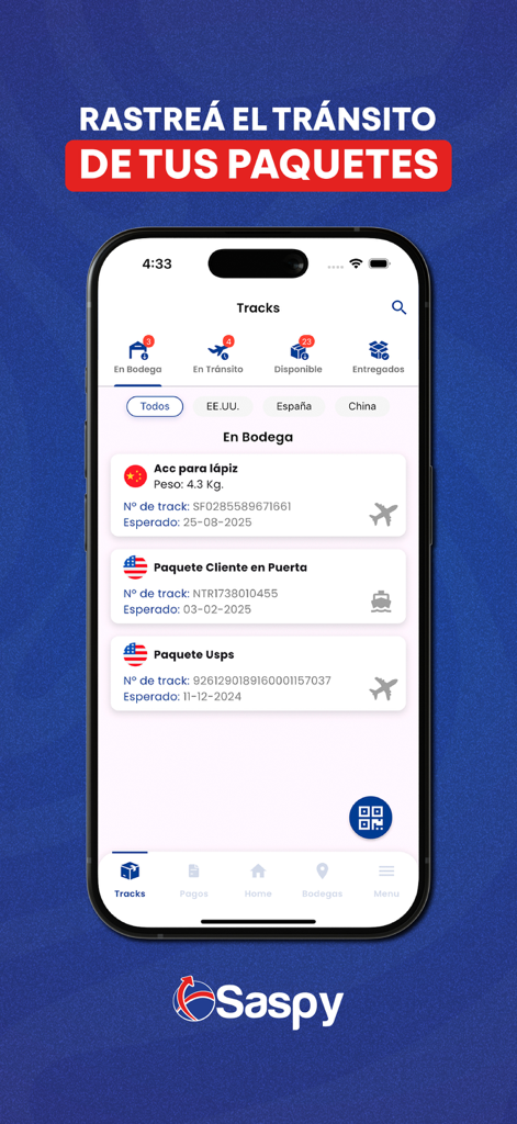 Saspy Express mobile app interface displaying a list of tracked packages in transit and in the warehouse