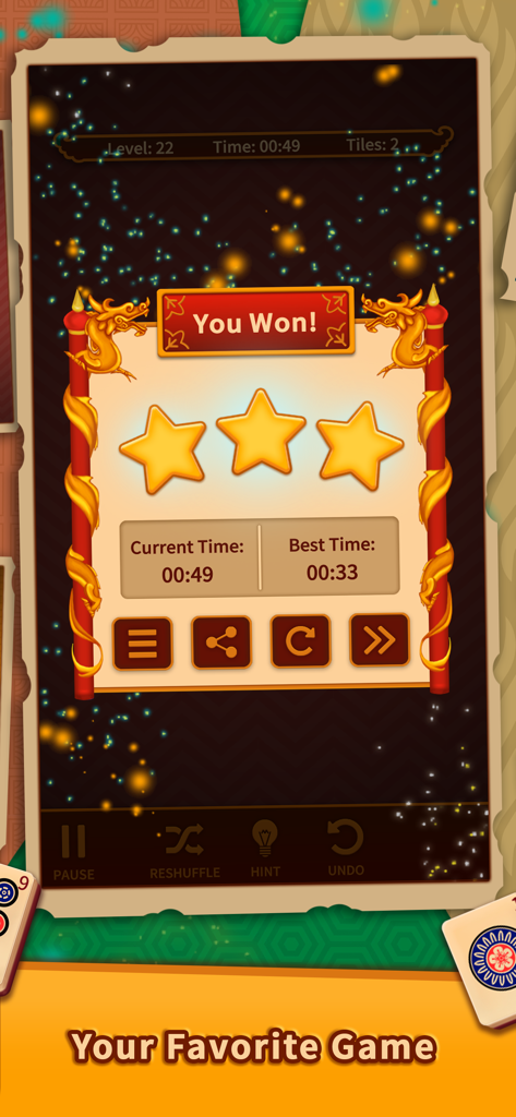 Victory screen of Mahjong Solitaire Puzzles showing three stars and level completion time