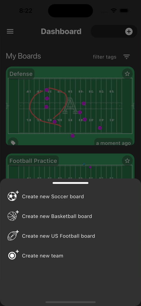 Tactical Pitch - Dashboard of the Tactical Pitch app showing options to create new soccer basketball or football tactical boards
