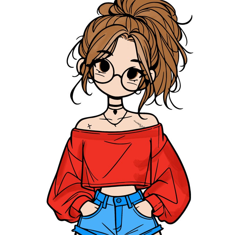 girl with a messy ponytail glasses a baggy crop top and jean shorts
