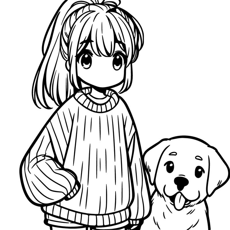 cute anime girl with baggy sweater and high ponytail with a golden labrador dog next to her