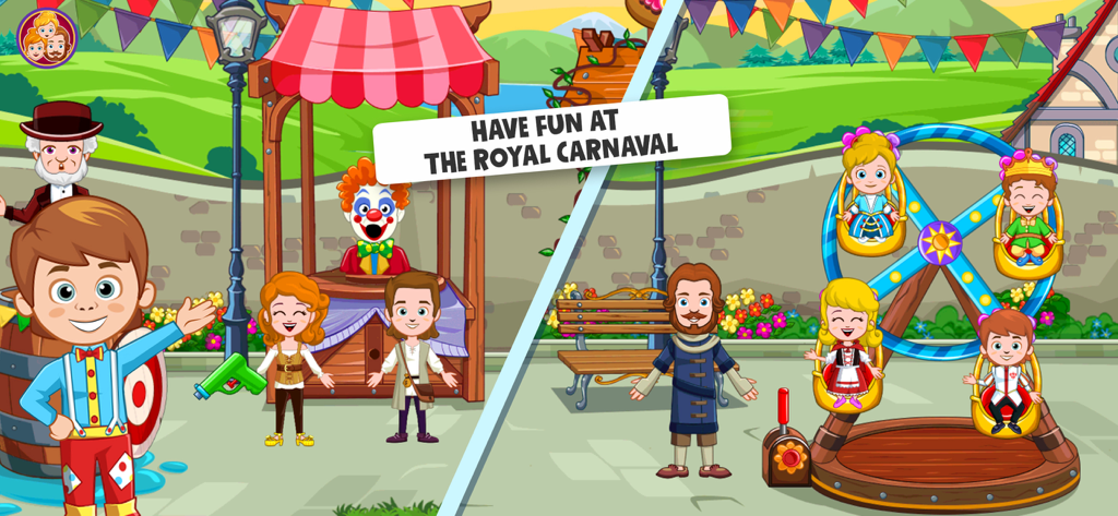 Children characters playing at a royal carnival with a ferris wheel and game booth