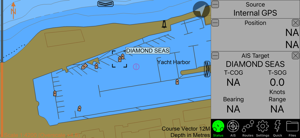Professional marine navigation interface showing harbor chart and AIS vessel tracking