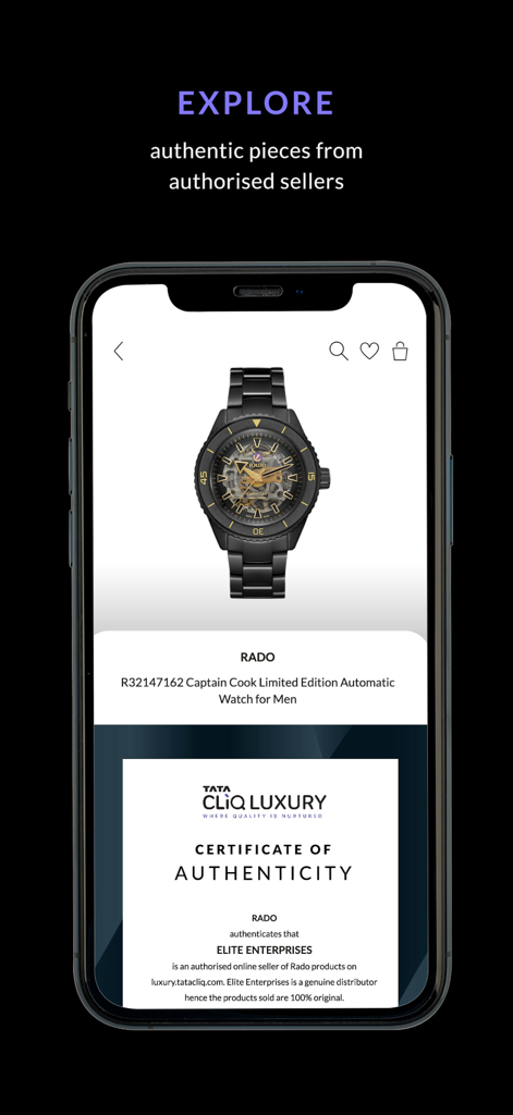 A luxury Rado watch displayed with its certificate of authenticity on the Tata CLiQ Luxury app screen.