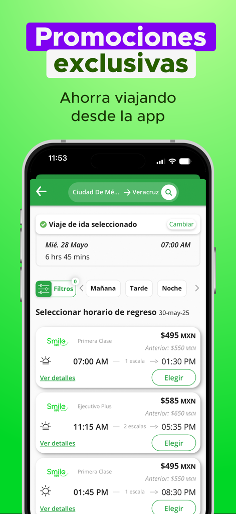 Smilebus - メキシコシティとベラクルス間のルートの割引バスチケットとスケジュールを表示するSmilebusアプリインターフェース