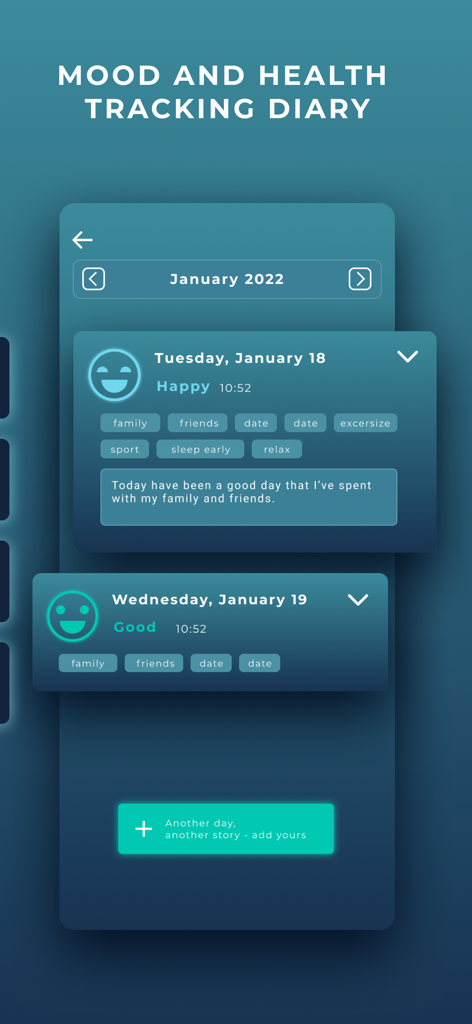 Healing Sounds- Sound Therapy - Interface of a mood and health tracking diary within a wellness app showing daily logs and emotion icons
