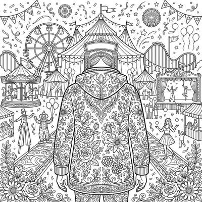 Dive into a spectacular fusion of fashion and festivity with our Floral Outerwear at the Carnival coloring page. This unique design invites you to bring a vibrant floral hoodie to life amidst the thrilling rides and joyful performers of a bustling fair.