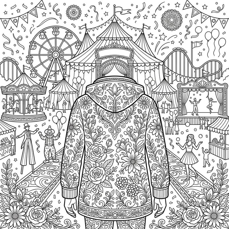 Dive into a spectacular fusion of fashion and festivity with our Floral Outerwear at the Carnival coloring page. This unique design invites you to bring a vibrant floral hoodie to life amidst the thrilling rides and joyful performers of a bustling fair.