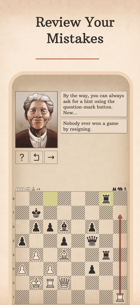 A personalized chess coaching screen showing mistake review and interactive game board in Learn Chess with Dr. Wolf app.