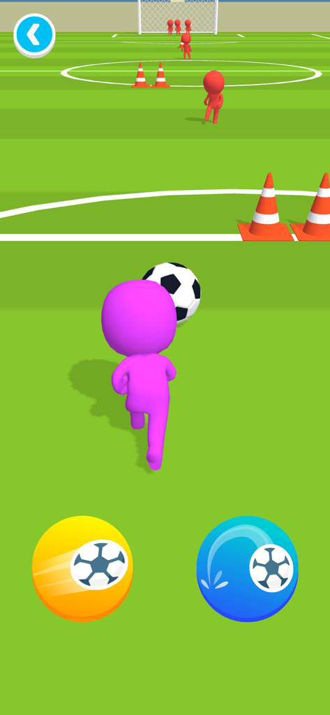 Soccer Runner ! - A pink character dribbling a soccer ball past cones on a green field in Soccer Runner