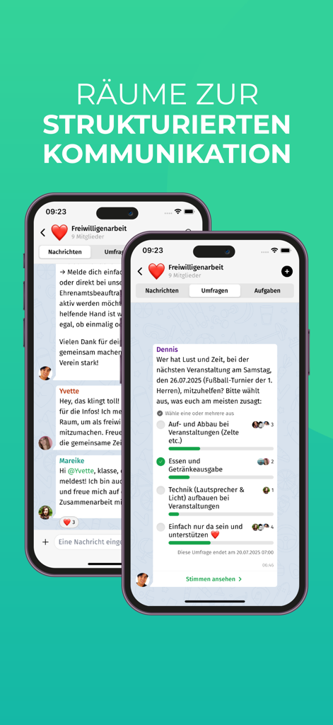 campai - Two smartphones displaying the campai app chat and poll features for organized community management.
