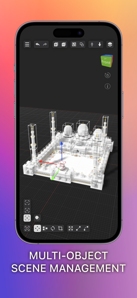 Benutzeroberfläche der Voxel Max App, die die Verwaltung von Multi-Objekt-Szenen für ein 3D-Architekturmodell auf einem iPhone zeigt.