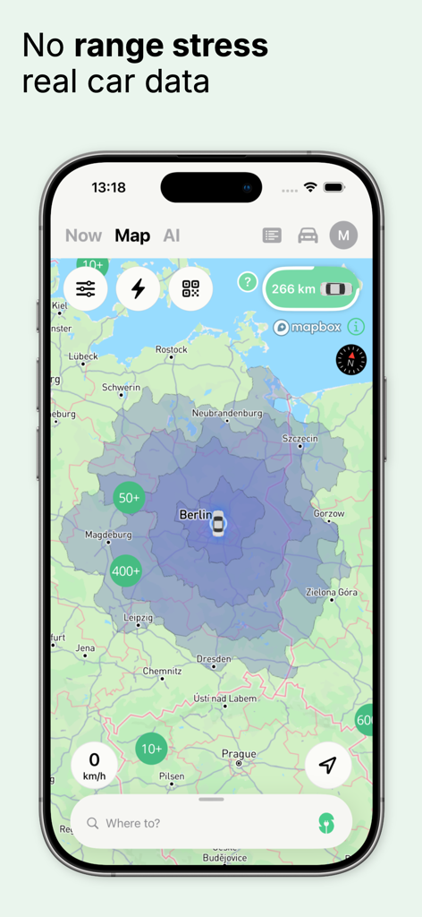 StromNow EV Charging Map - Pantalla de smartphone mostrando la aplicación StromNow con un mapa de autonomía de vehículo eléctrico y ubicaciones de estaciones de carga en Berlín