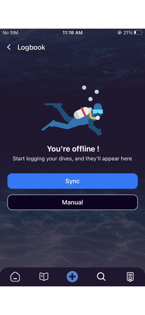 Pantalla móvil que muestra el registro de buceo sin conexión SDI TDI ERDI PFI con una ilustración de un buzo