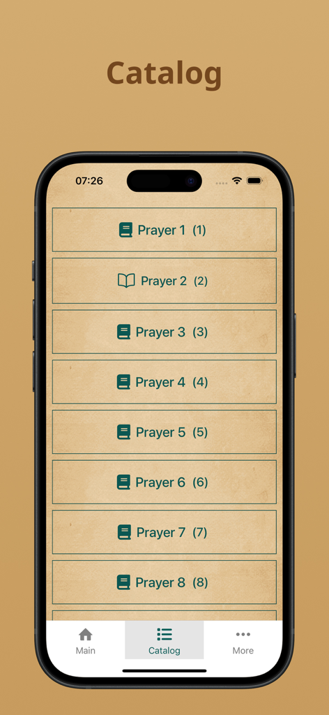 iPhone screen showing a numbered list of prayers in the Matyan Voxbergutyan Narekatsi app catalog.