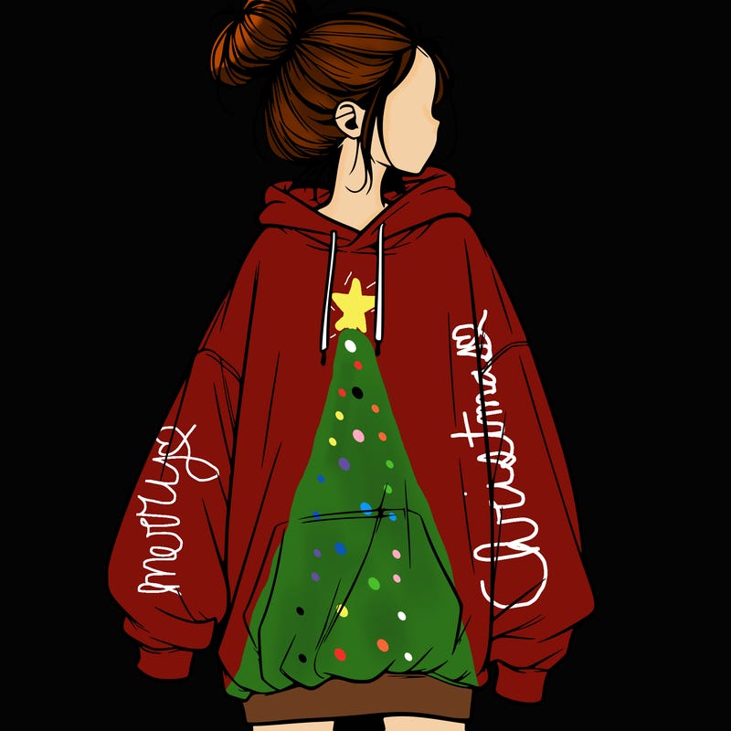 realistic girl with a oversized sweatshirt on and a bun