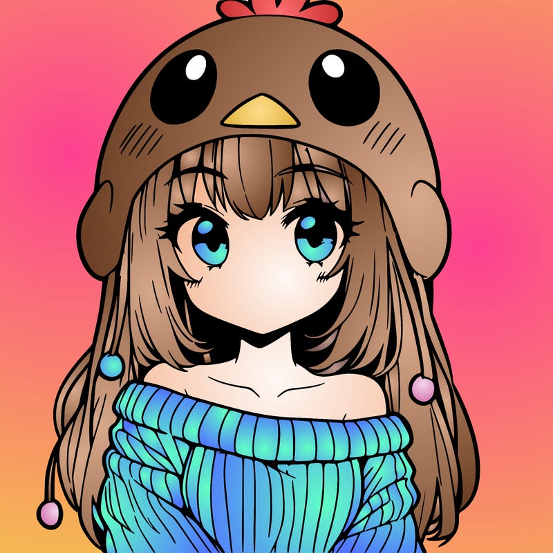 anime girl with chick shaped hat with sweater with bare shoulders with bangs covering them one eye with low tail
