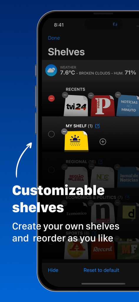 Portuguese Newspapers - Interface of the Portuguese Newspapers app showing customizable news shelves for organizing different media sources.