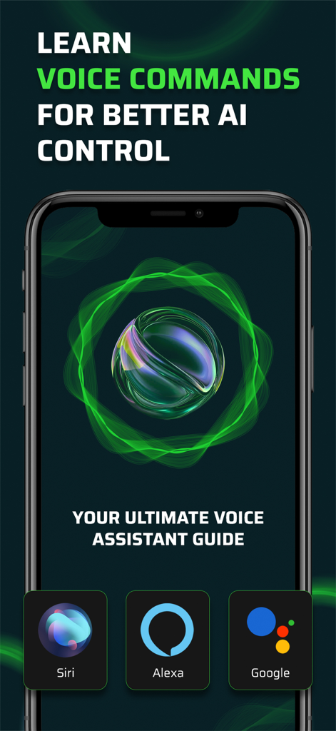 Voice Command Hub - Voice Command Hub app interface showing Siri Alexa and Google Assistant options for voice command guides