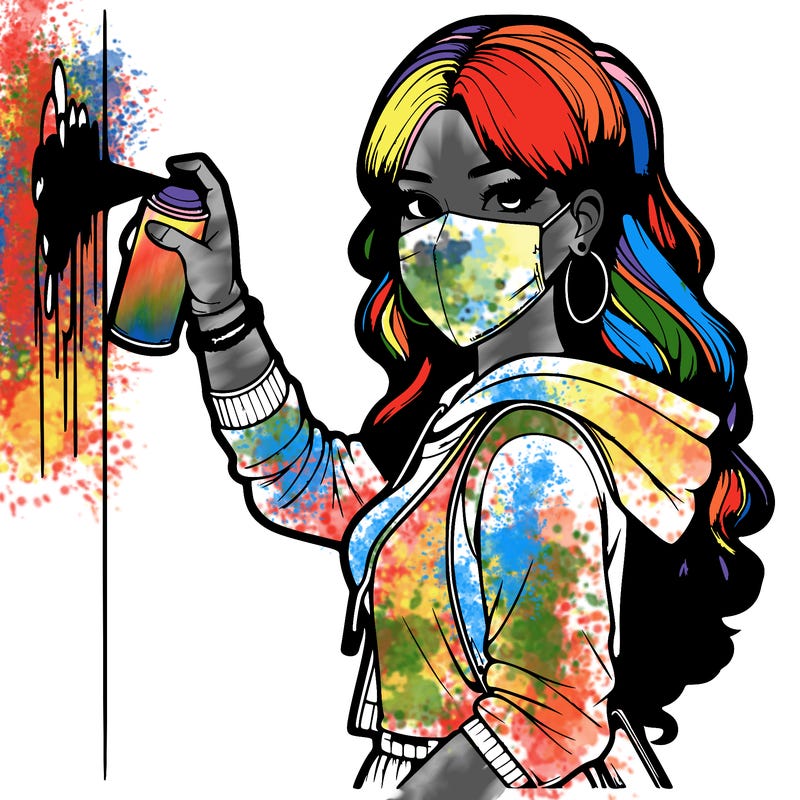 realistic girl with mask spray painting a wall