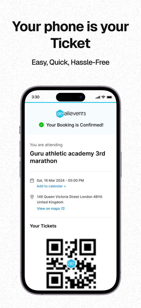 Smartphone screen showing a confirmed booking and digital QR code ticket in the AllEvents app.