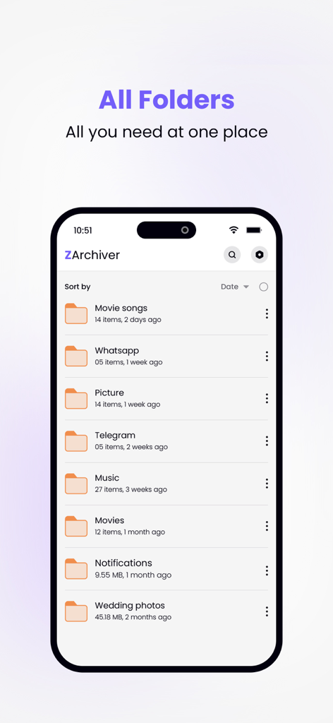 ZArchiver - Zip UnZip - ZArchiver app interface displaying a list of organized folders on an iPhone screen.
