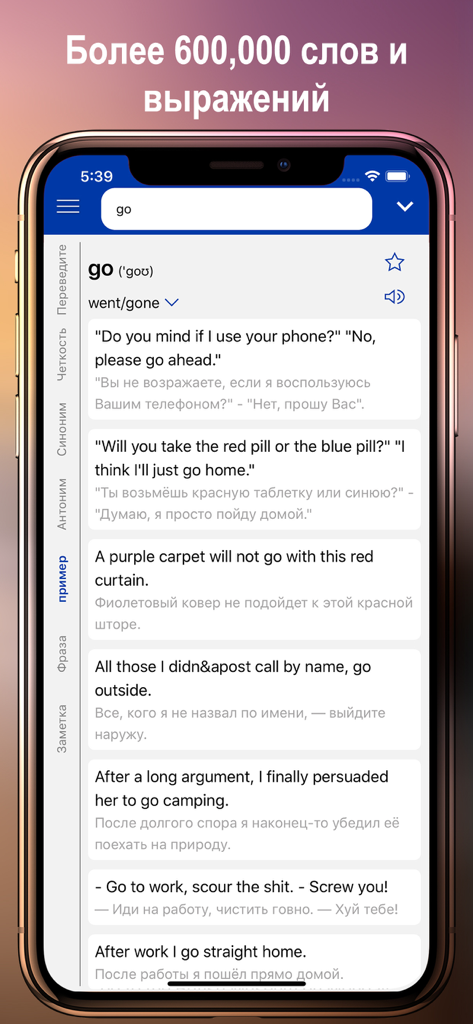 ABC English Russian Dictionary app interface showing example sentences and translations for the word go