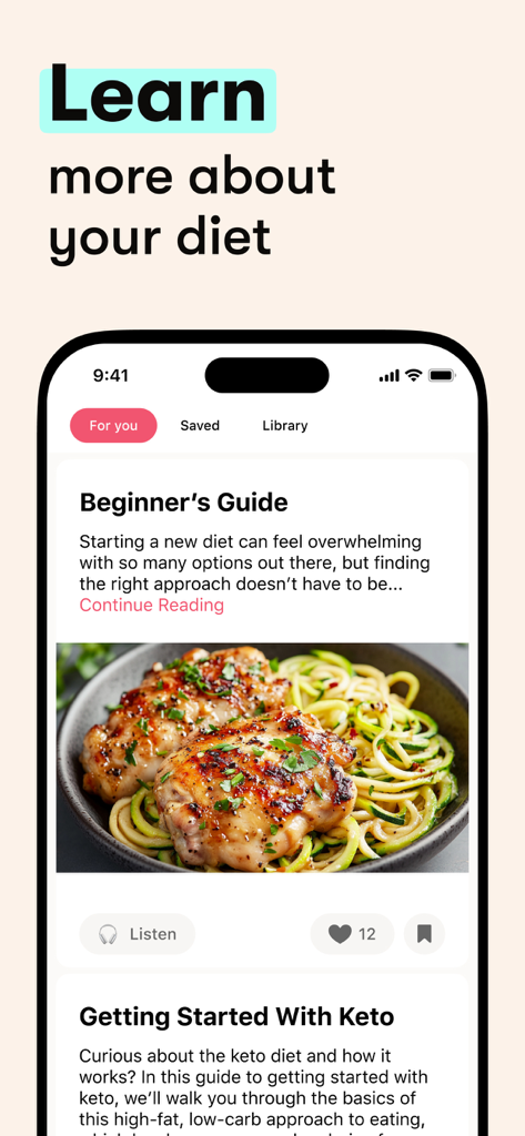 iPhone screen showing educational diet guides and healthy recipes in the Formula weight loss app