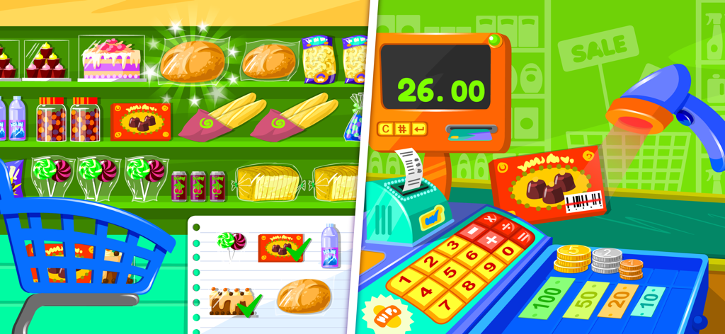 Split screen view of a grocery store shopping list and a kids cash register with coins and bills